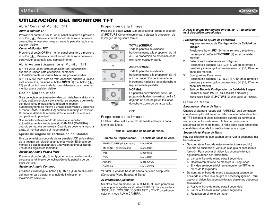 Jensen VM9411 instruction manual Utilización DEL Monitor TFT 