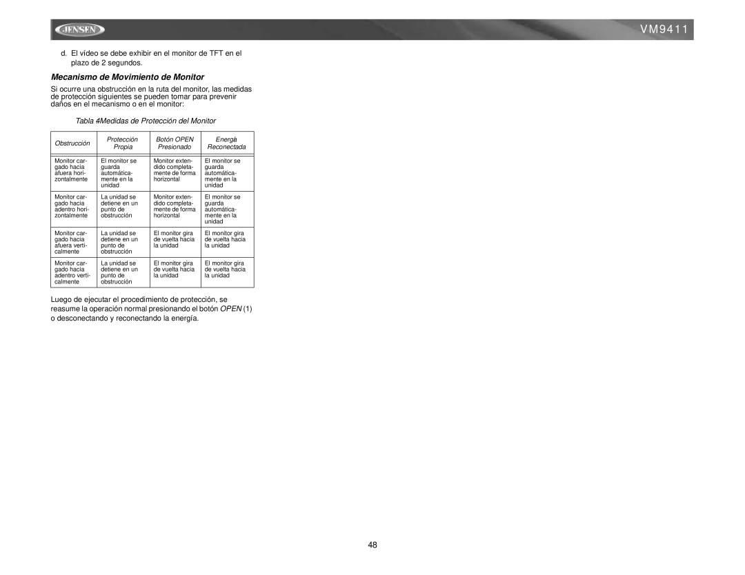 Jensen VM9411 instruction manual Mecanismo de Movimiento de Monitor, Tabla 4 Medidas de Protección del Monitor 