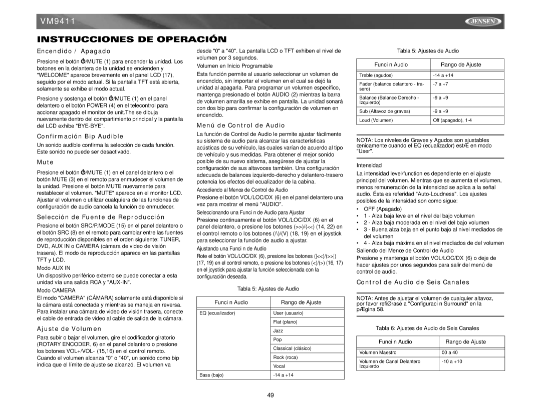 Jensen VM9411 instruction manual Instrucciones DE Operación 