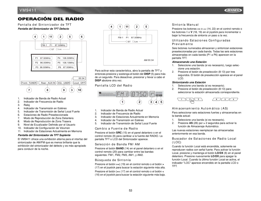 Jensen VM9411 instruction manual Operación DEL Radio 