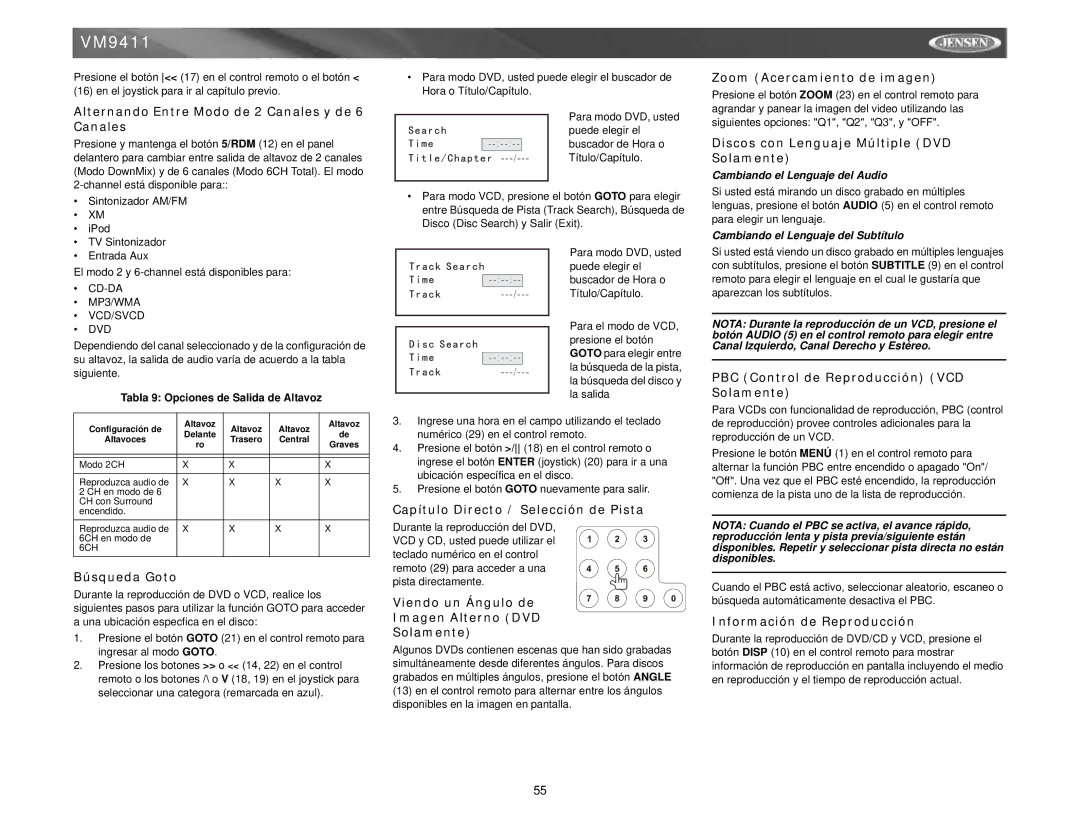 Jensen VM9411 Alternando Entre Modo de 2 Canales y de 6 Canales, Búsqueda Goto, Capítulo Directo / Selección de Pista 