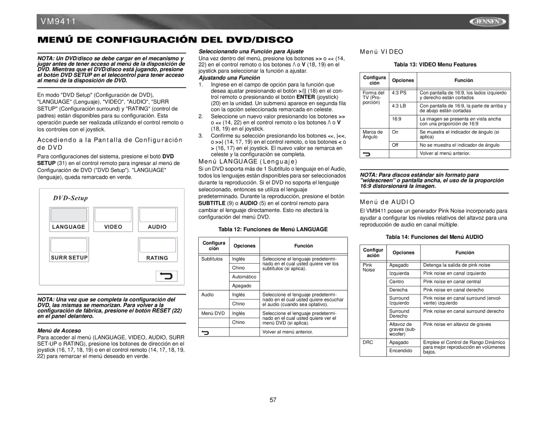 Jensen VM9411 Menú DE Configuración DEL DVD/DISCO, Accediendo a la Pantalla de Configuración de DVD, Menú Video 
