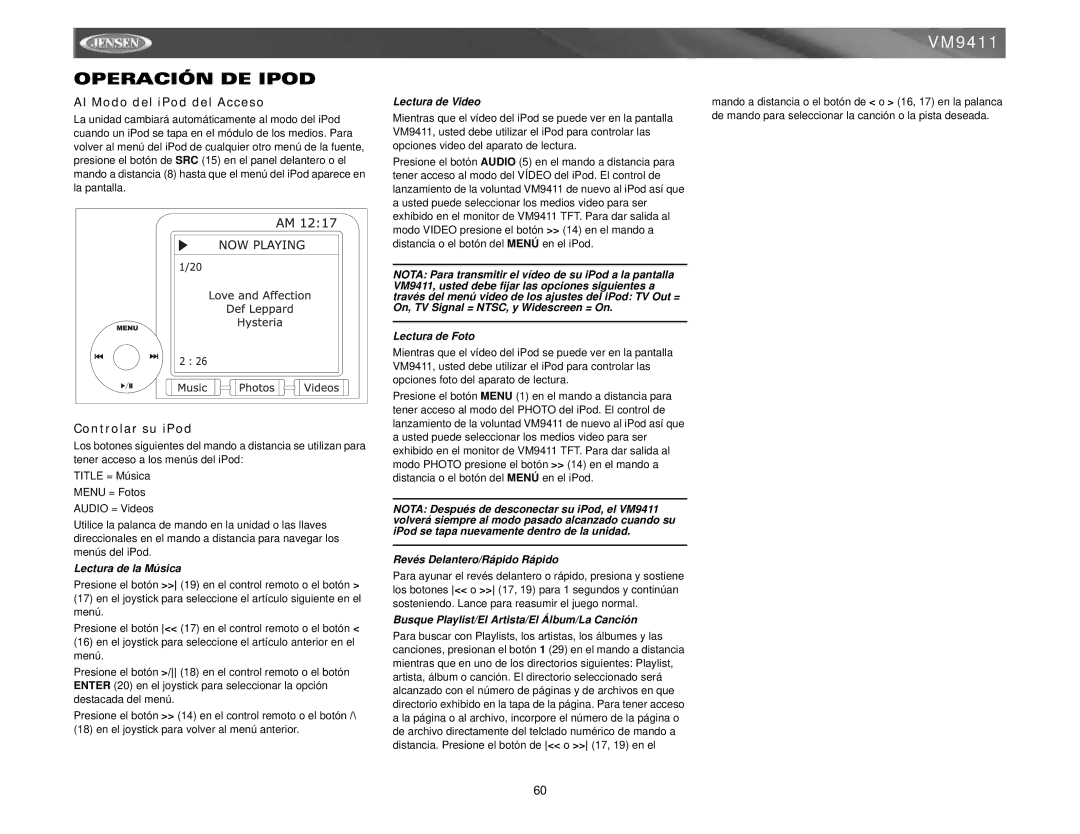 Jensen VM9411 instruction manual Operación DE Ipod, Al Modo del iPod del Acceso, Controlar su iPod 