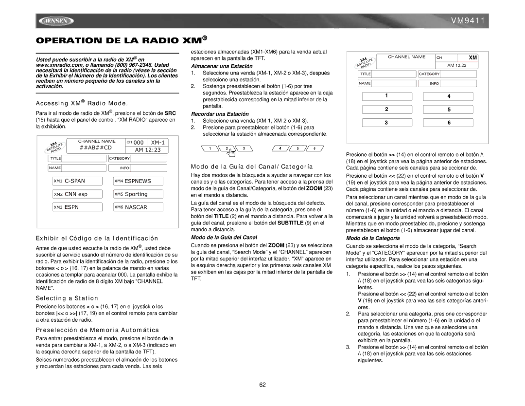 Jensen VM9411 Operation DE LA Radio XM, Exhibir el Código de la Identificación, Preselección de Memoria Automática 