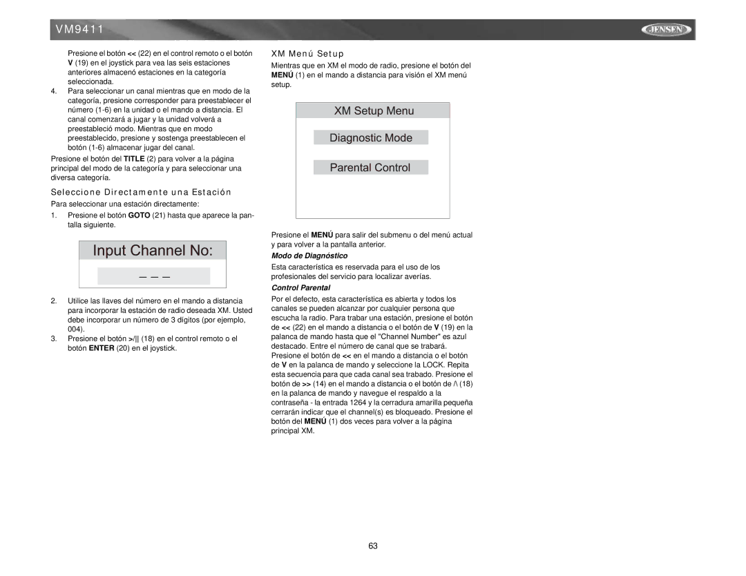 Jensen VM9411 instruction manual Seleccione Directamente una Estación, XM Menú Setup, Modo de Diagnóstico, Control Parental 