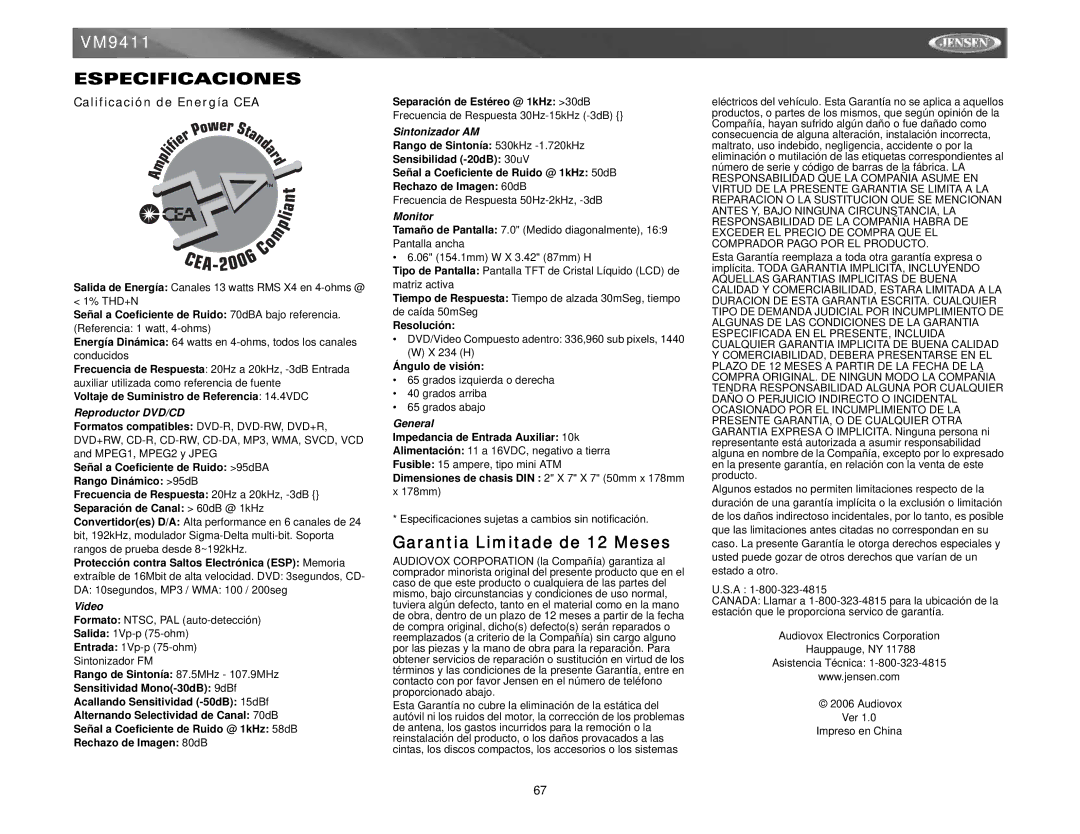 Jensen VM9411 instruction manual Especificaciones, Calificación de Energía CEA, Reproductor DVD/CD, Sintonizador AM 