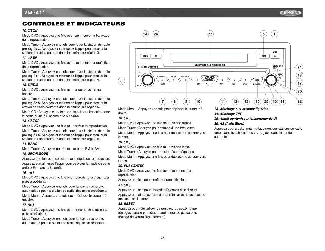 Jensen VM9411 Mode DVD Appuyez une fois pour la reproduction au hasard, Mode Tuner Appuyez pour basculer entre FM et AM 