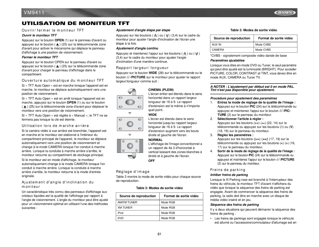 Jensen VM9411 instruction manual Utilisation DE Moniteur TFT 