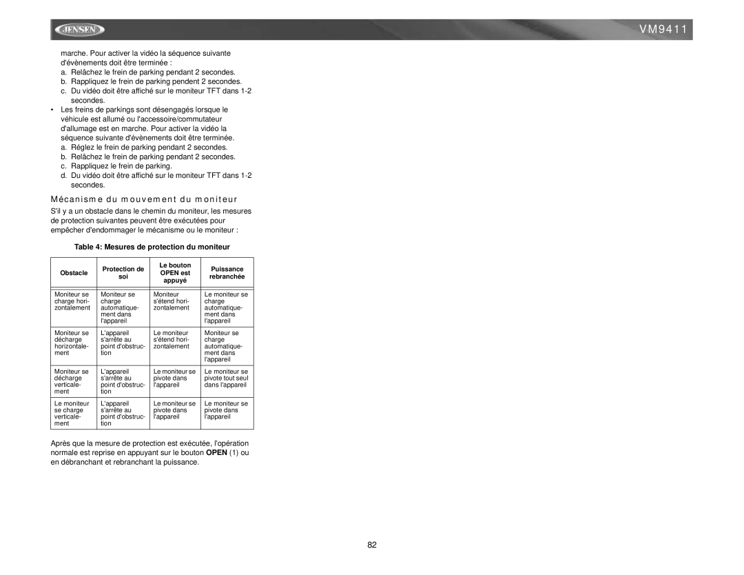 Jensen VM9411 instruction manual Mécanisme du mouvement du moniteur, Mesures de protection du moniteur 