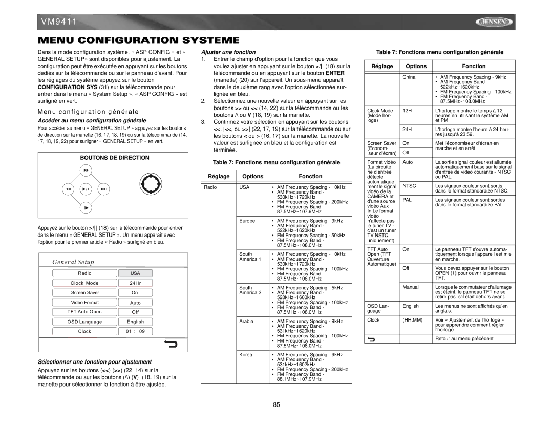 Jensen VM9411 Menu Configuration Systeme, Menu configuration générale, Accéder au menu configuration générale 