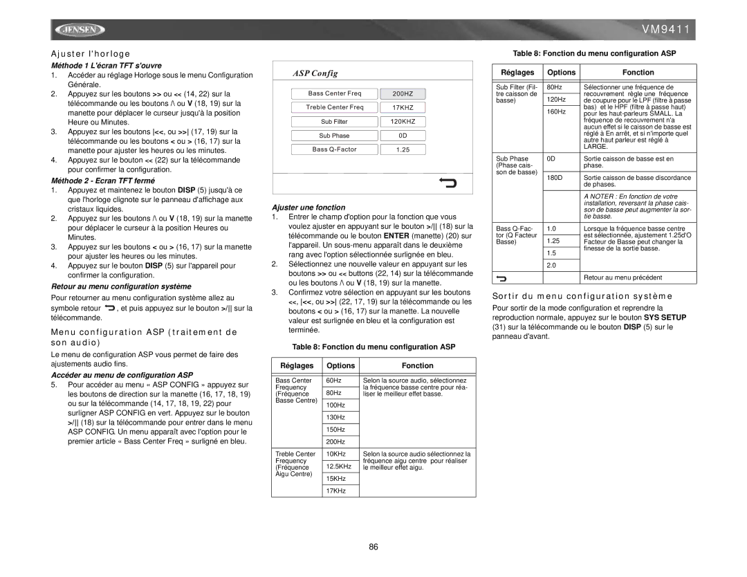 Jensen VM9411 Ajuster lhorloge, Menu configuration ASP traitement de son audio, Sortir du menu configuration système 