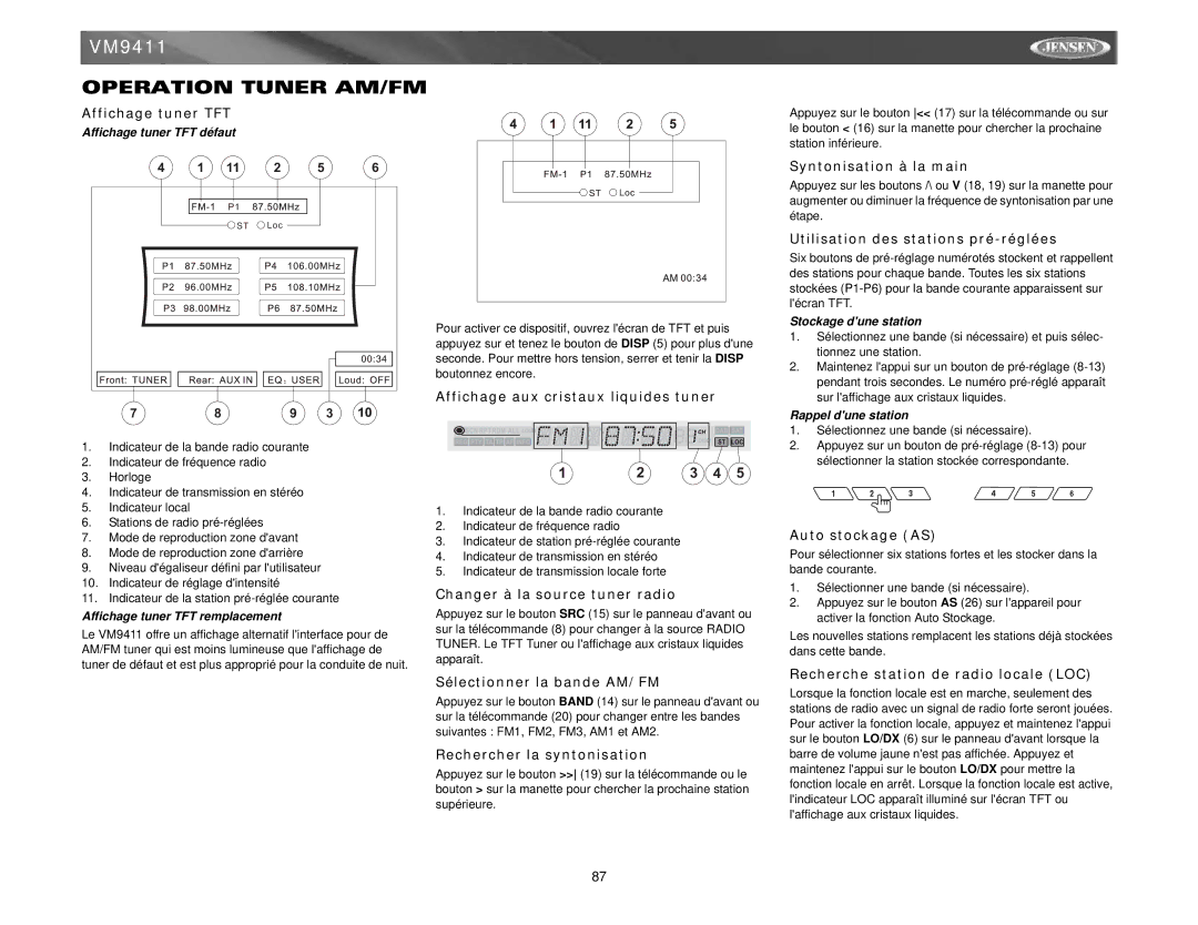 Jensen VM9411 instruction manual Operation Tuner AM/FM 