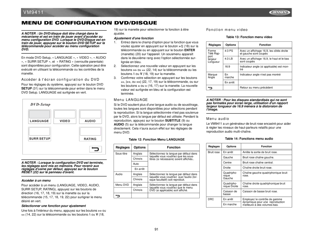 Jensen VM9411 Menu DE Configuration DVD/DISQUE, Accéder à lécran configuration du DVD, Menu Language, Fonction menu video 
