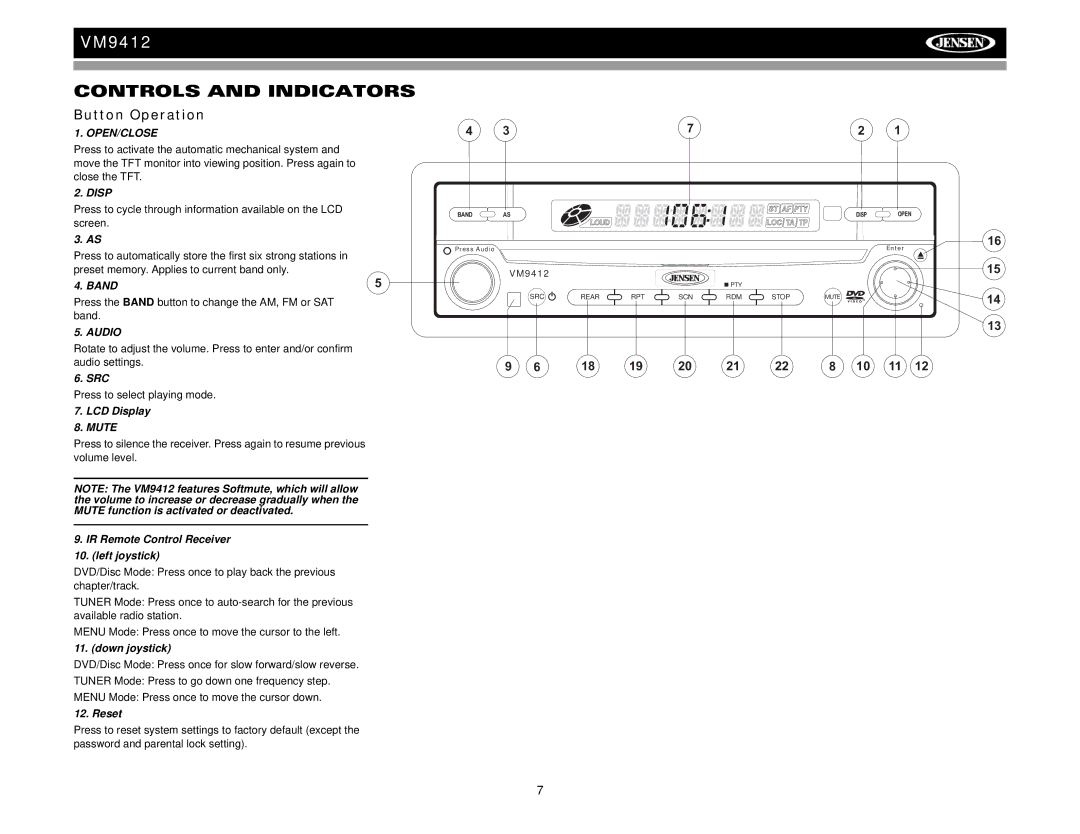 Jensen VM9412 operation manual Controls and Indicators, Button Operation 