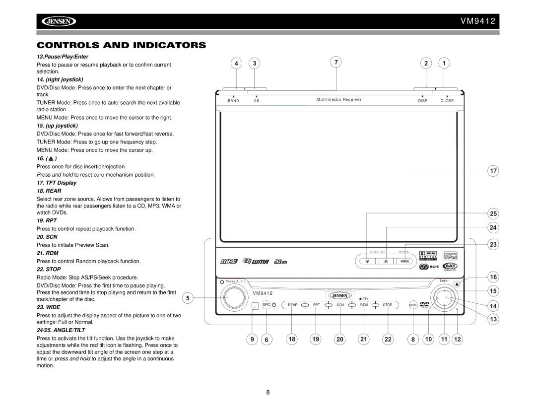 Jensen VM9412 operation manual Pause/Play/Enter, Right joystick, Up joystick, TFT Display Rear, Rpt, Scn, Rdm, Stop, Wide 