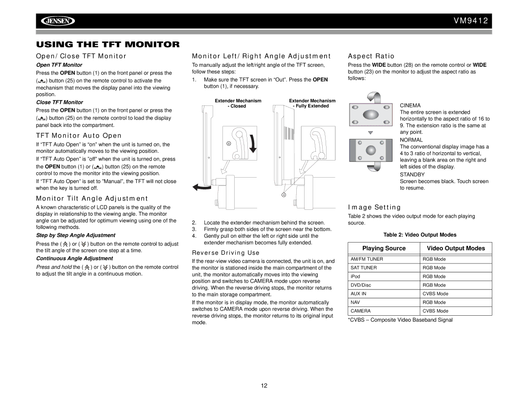 Jensen VM9412 operation manual Using the TFT Monitor 