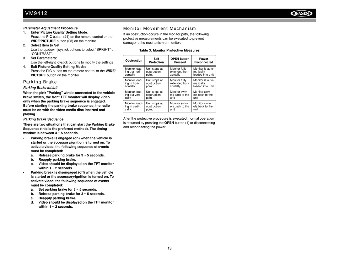 Jensen VM9412 operation manual Monitor Movement Mechanism, Parameter Adjustment Procedure, Parking Brake Inhibit 