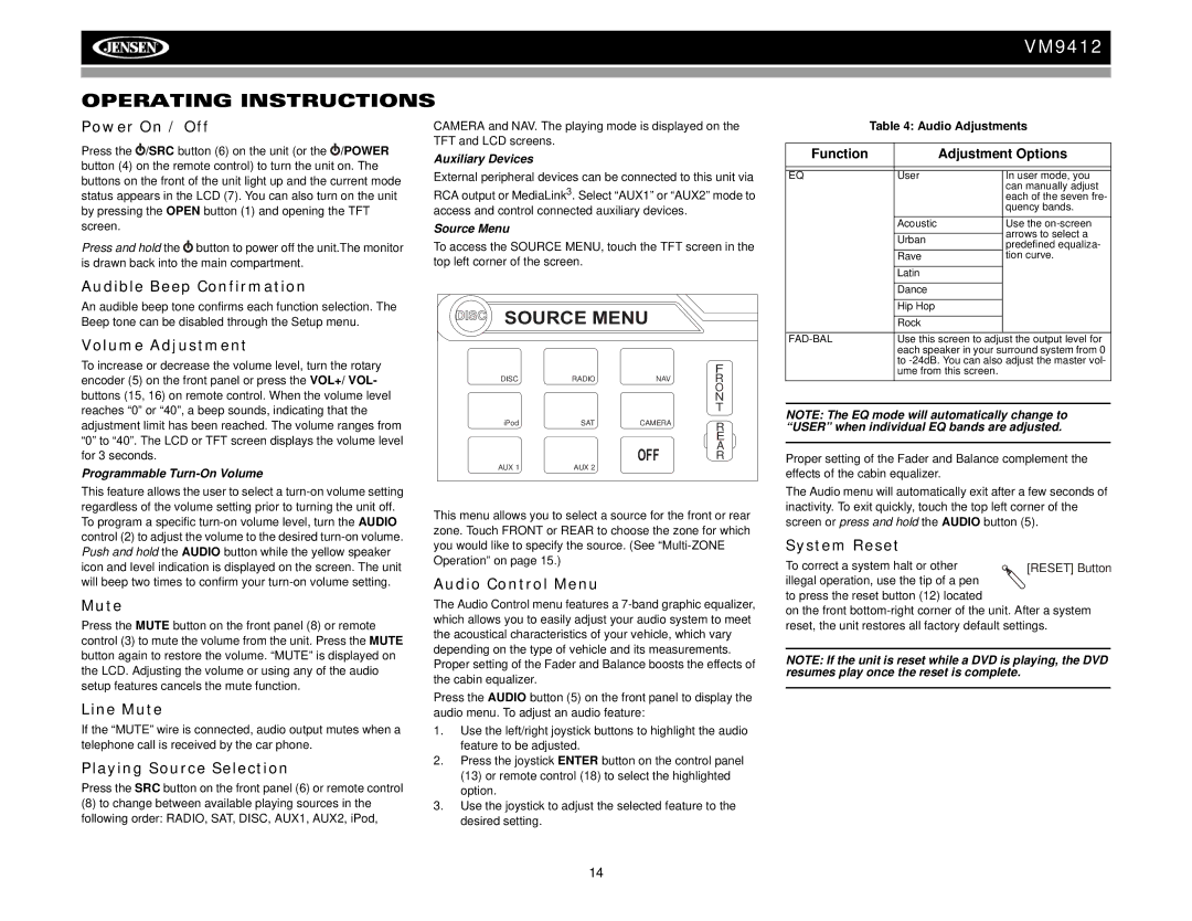 Jensen VM9412 operation manual Operating Instructions 