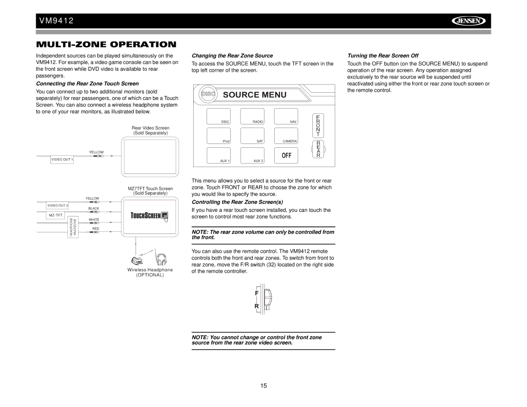 Jensen VM9412 operation manual MULTI-ZONE Operation, Connecting the Rear Zone Touch Screen, Changing the Rear Zone Source 