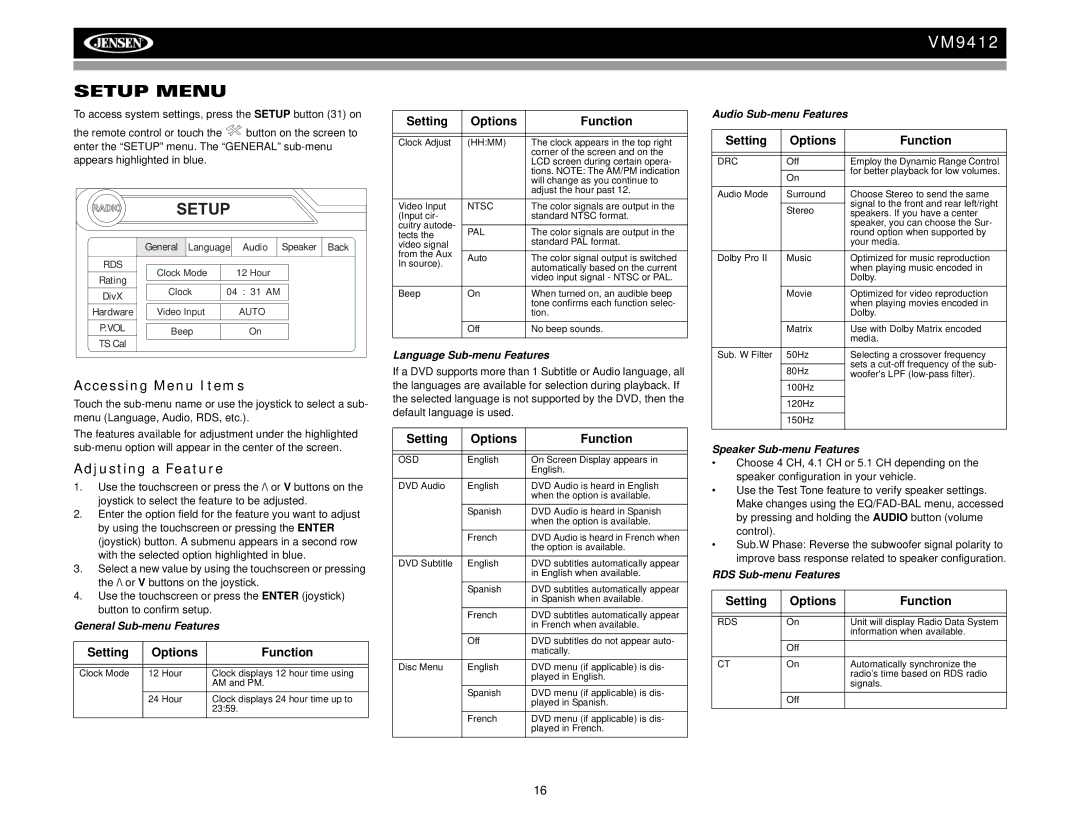 Jensen VM9412 operation manual Setup Menu, Accessing Menu Items, Adjusting a Feature, Setting Options Function 