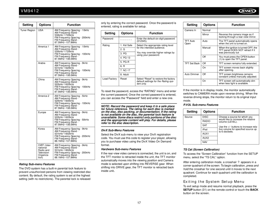 Jensen VM9412 operation manual Exiting the System Setup Menu 