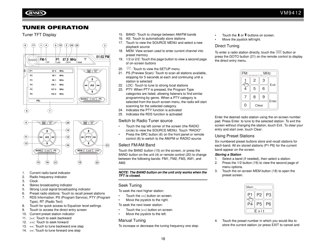 Jensen VM9412 operation manual Tuner Operation 