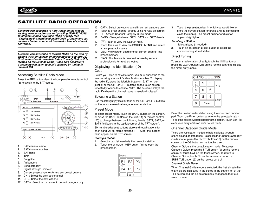 Jensen VM9412 operation manual Satellite Radio Operation 