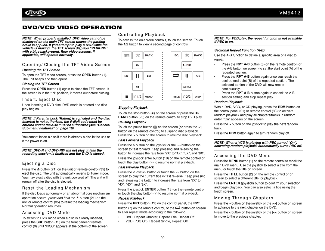 Jensen VM9412 operation manual DVD/VCD Video Operation 