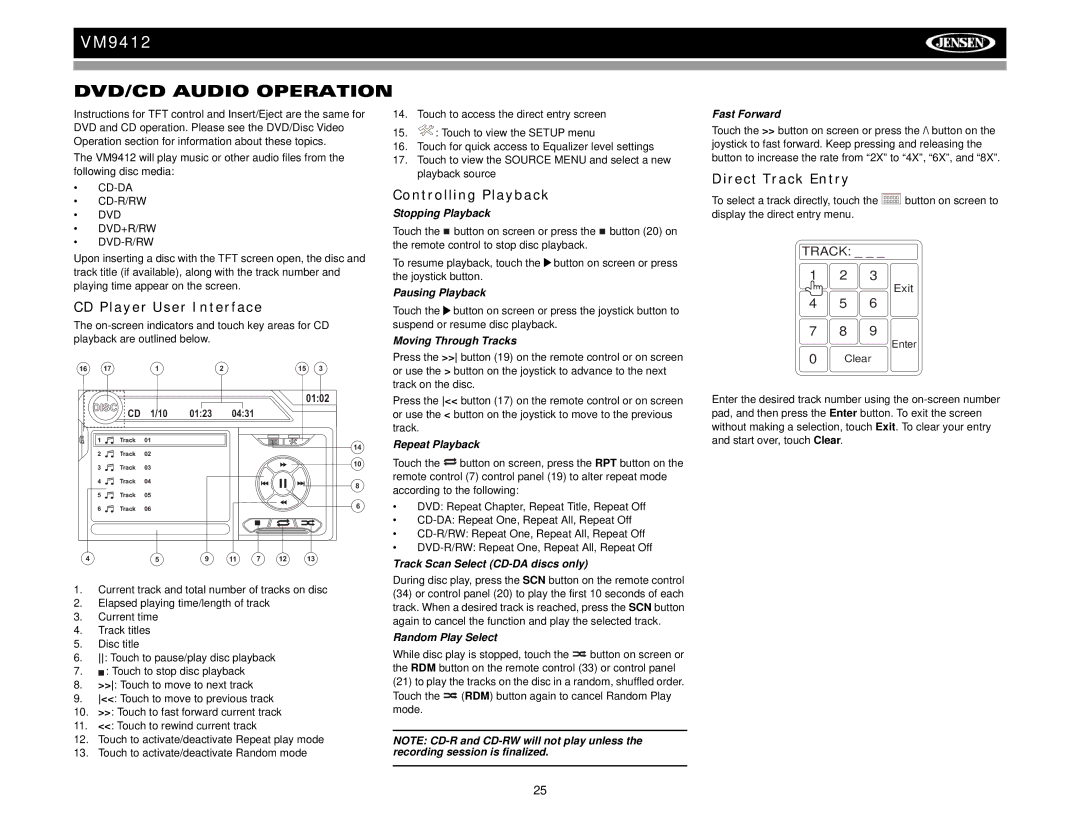 Jensen VM9412 operation manual DVD/CD Audio Operation, CD Player User Interface, Direct Track Entry 