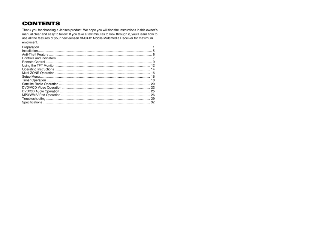 Jensen VM9412 operation manual Contents 