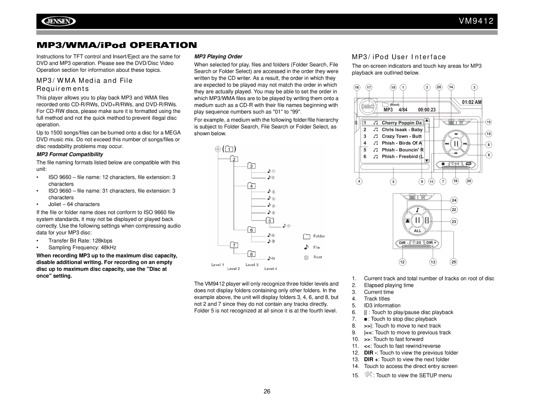 Jensen VM9412 MP3/WMA Media and File Requirements, MP3/iPod User Interface, MP3 Format Compatibility, MP3 Playing Order 