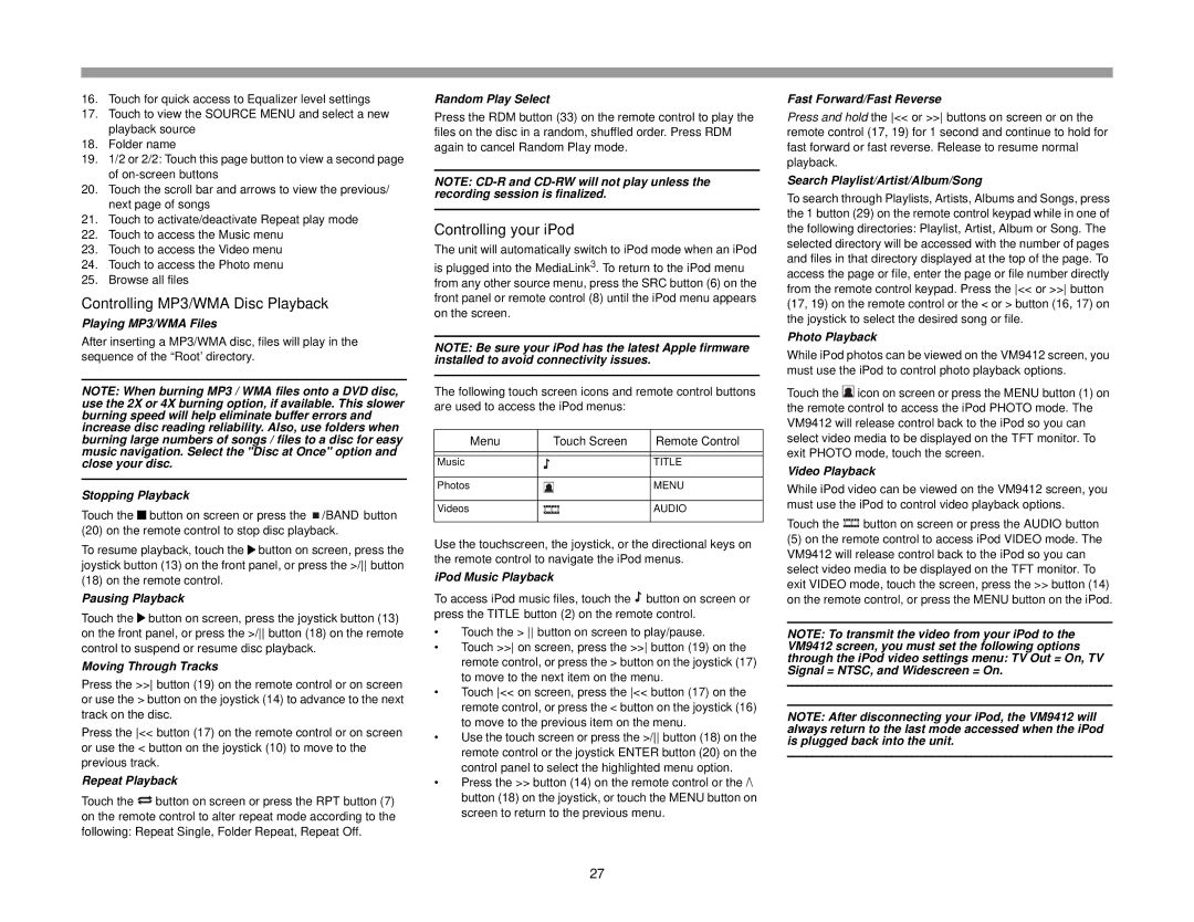 Jensen VM9412 operation manual Controlling MP3/WMA Disc Playback, Controlling your iPod 