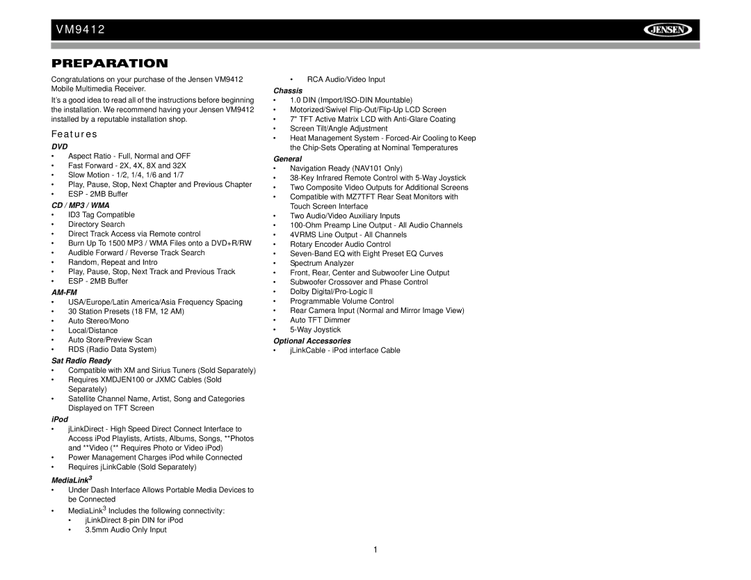 Jensen VM9412 operation manual Preparation, Features 