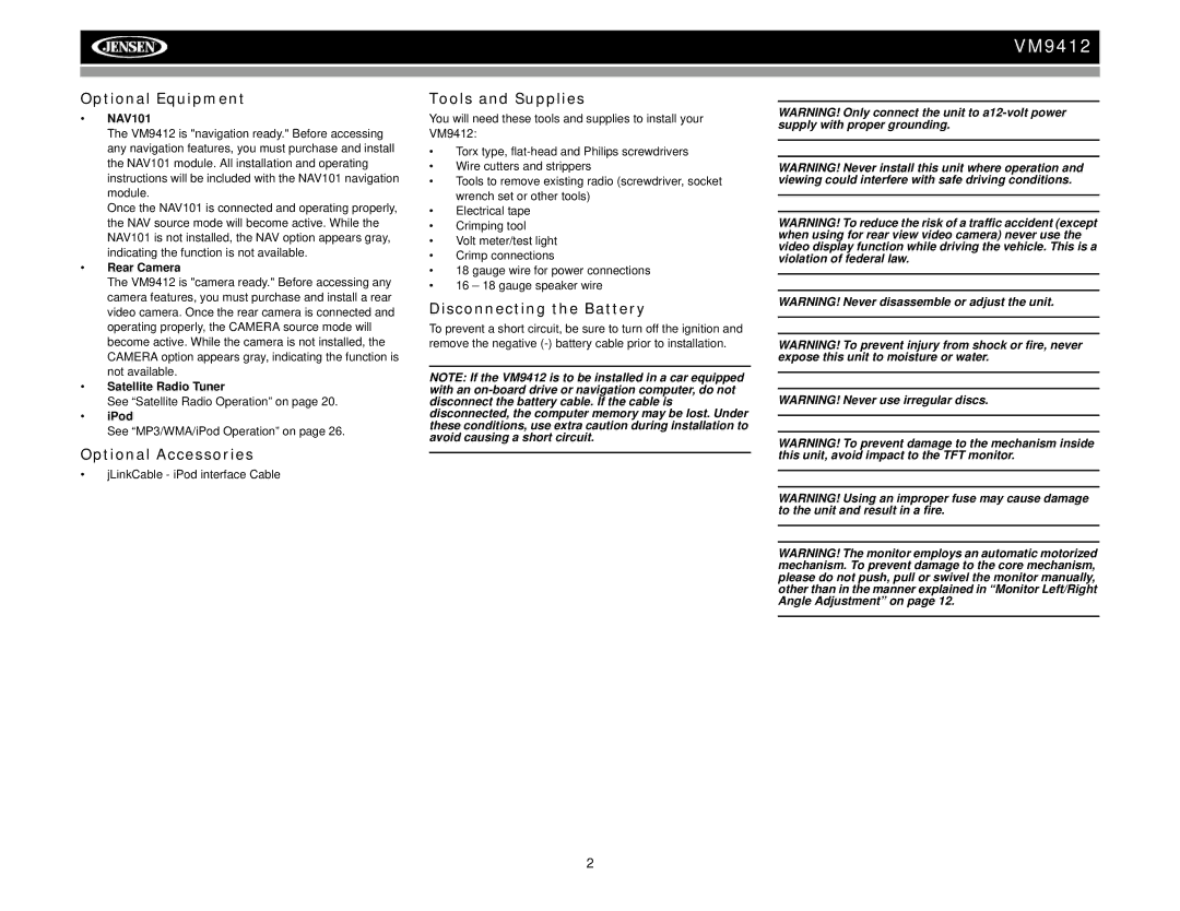 Jensen VM9412 operation manual Optional Equipment, Optional Accessories, Tools and Supplies, Disconnecting the Battery 