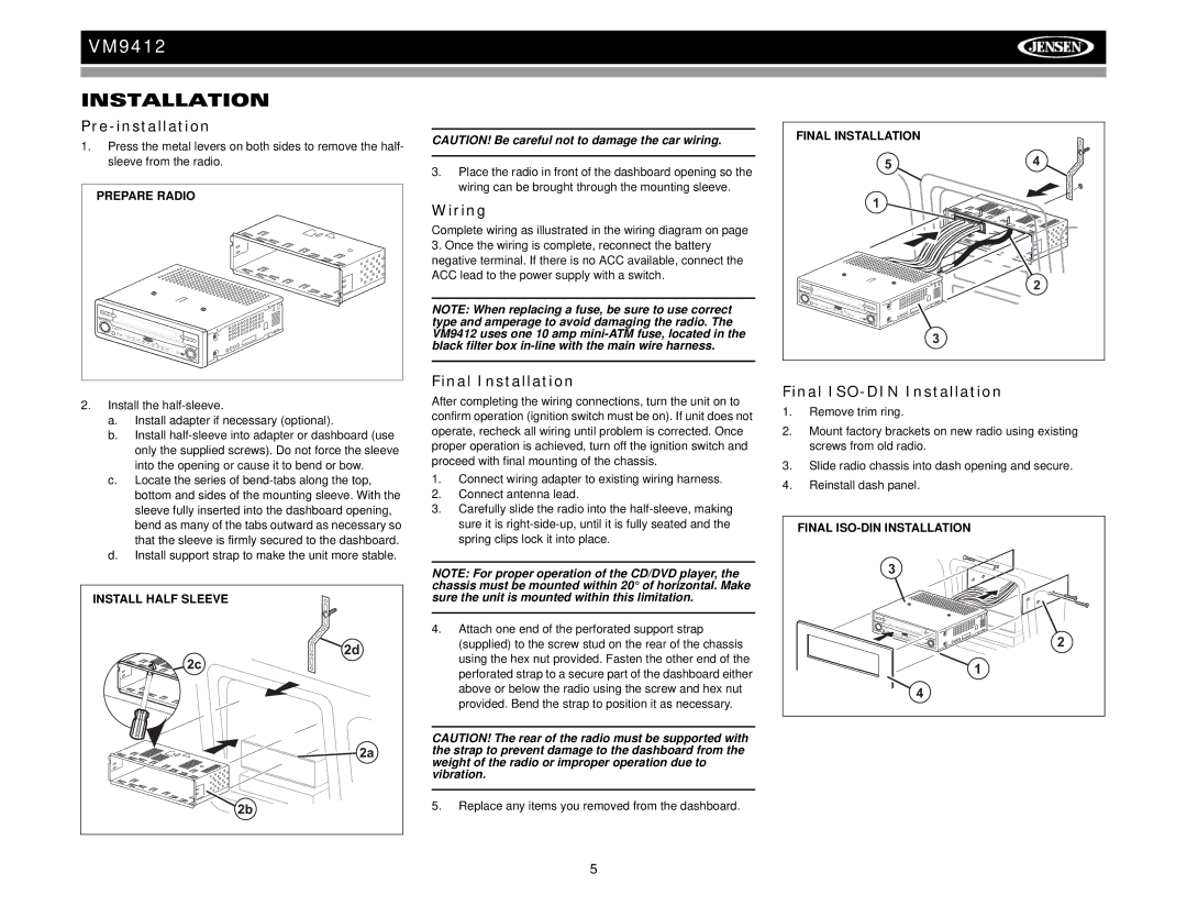 Jensen VM9412 operation manual Pre-installation, Wiring, Final Installation, Final ISO-DIN Installation 