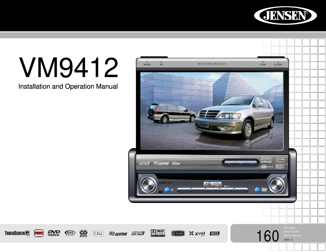 Jensen operation manual VM9412 BAND AS, Installation and Operation Manual, 40W x, Watts Peak, Multimedia Receiver, Band 