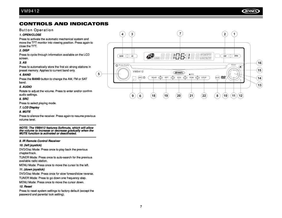 Jensen VM9412 Controls And Indicators, Button Operation, 22 8 10 11, Open/Close, Disp, 3. AS, Band, band, Audio, Src 