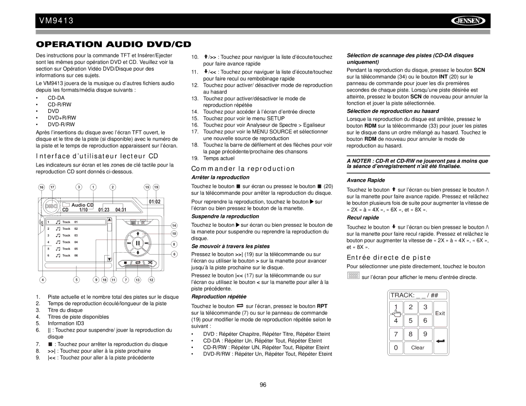 Jensen VM9413 operation manual Operation Audio DVD/CD, Interface d’utilisateur lecteur CD, Entrée directe de piste 