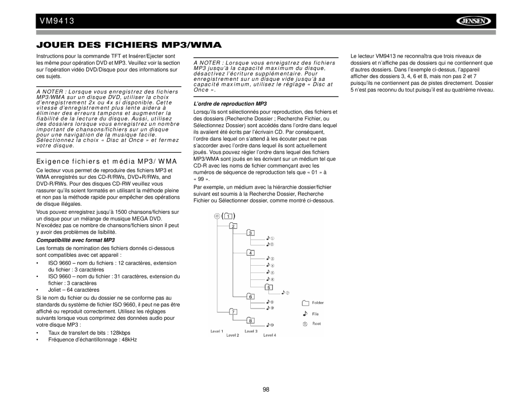 Jensen VM9413 Jouer DES Fichiers MP3/WMA, Exigence fichiers et média MP3/WMA, Compatibilité avec format MP3, « 99 » 