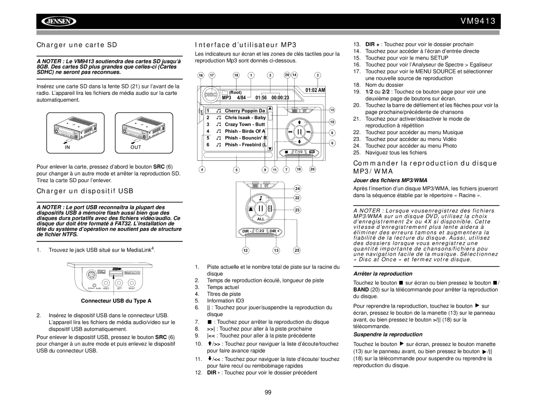 Jensen VM9413 Charger une carte SD Interface d’utilisateur MP3, Charger un dispositif USB, Connecteur USB du Type a 