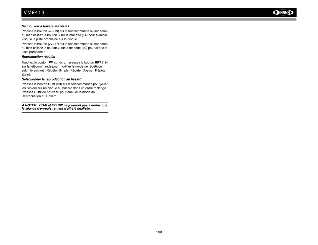 Jensen VM9413 operation manual Se mouvoir à travers les pistes, Sélectionner la reproduction au hasard 