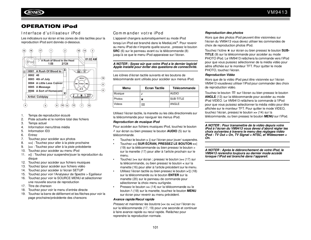 Jensen VM9413 operation manual Interface d’utilisateur iPod, Commander votre iPod 