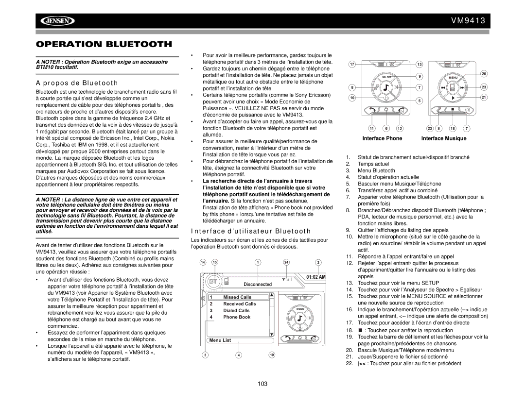 Jensen VM9413 Operation Bluetooth, Propos de Bluetooth, Interface d’utilisateur Bluetooth, Interface Musique 