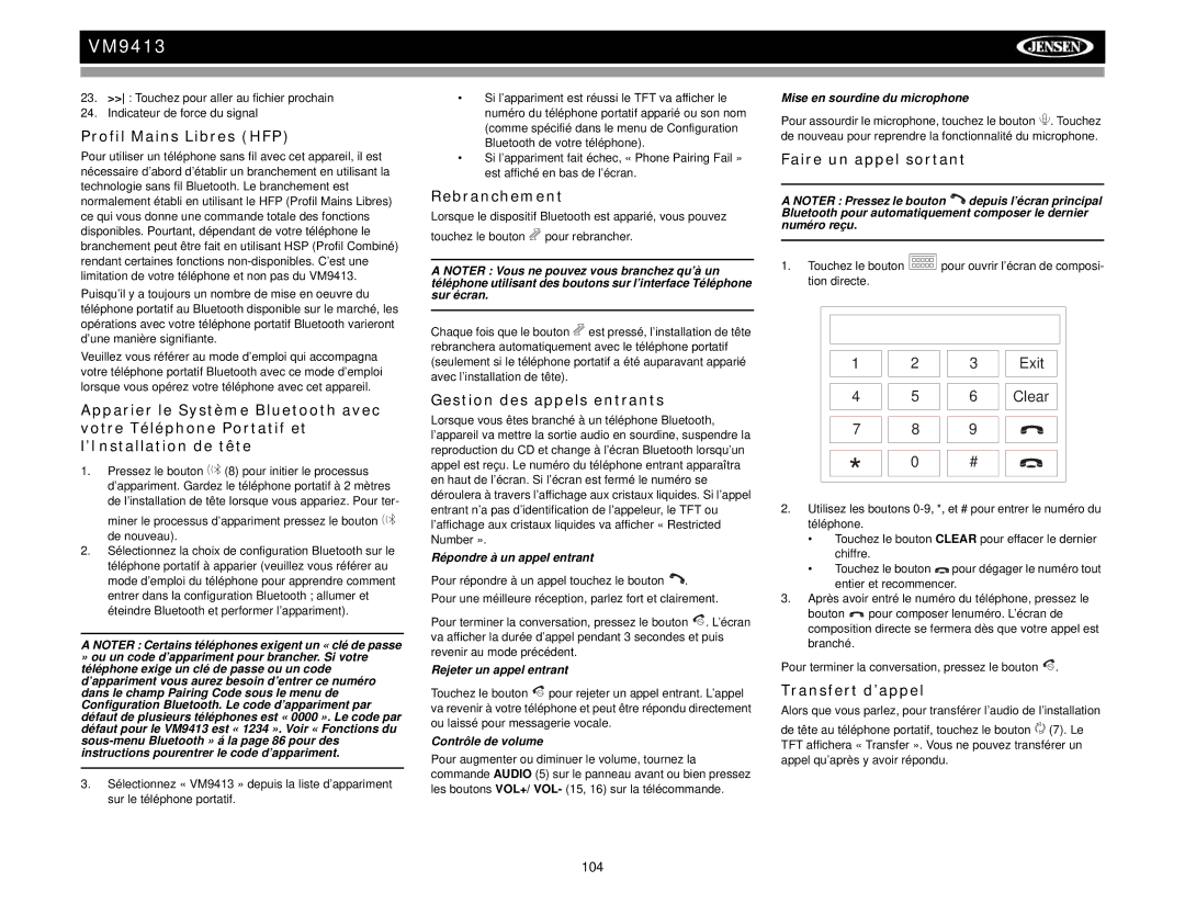 Jensen VM9413 operation manual Profil Mains Libres HFP, Rebranchement, Gestion des appels entrants, Faire un appel sortant 