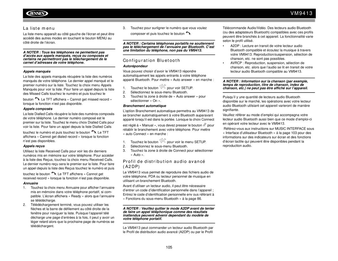 Jensen VM9413 operation manual La liste menu, Configuration Bluetooth, Profil de distribution audio avancé A2DP 