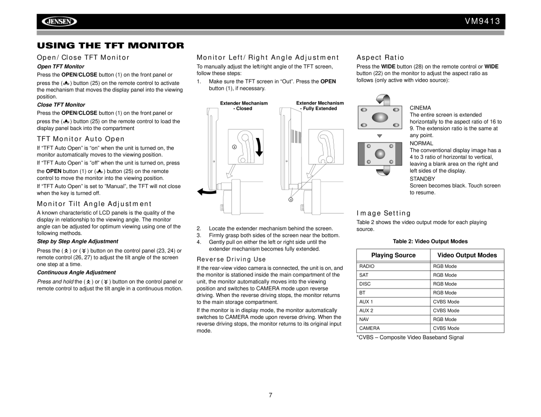 Jensen VM9413 operation manual Using the TFT Monitor 