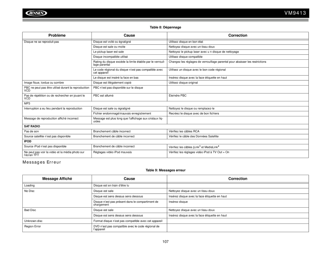 Jensen VM9413 operation manual Messages Erreur, Message Affiché Cause Correction, Messages erreur, VCD MP3 