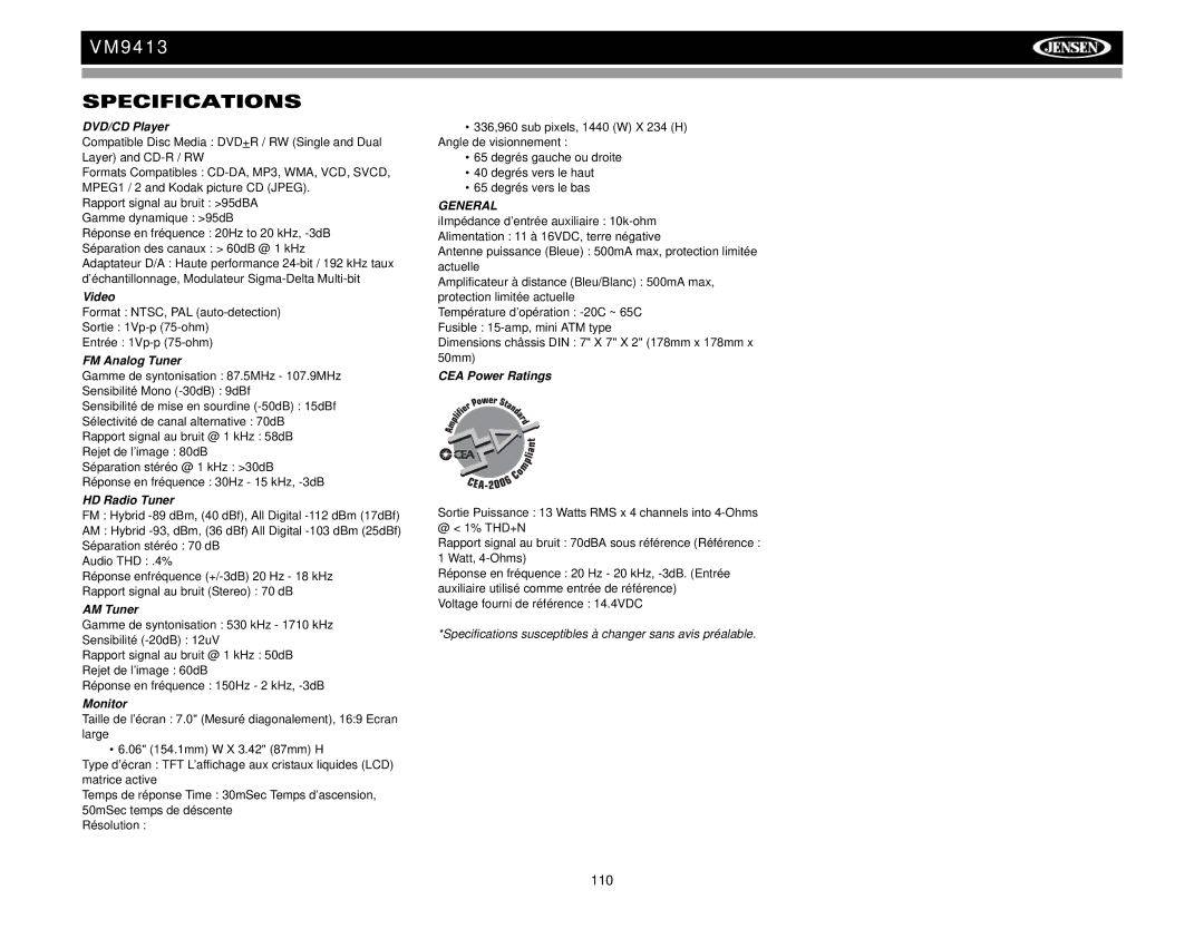 Jensen VM9413 operation manual 110 