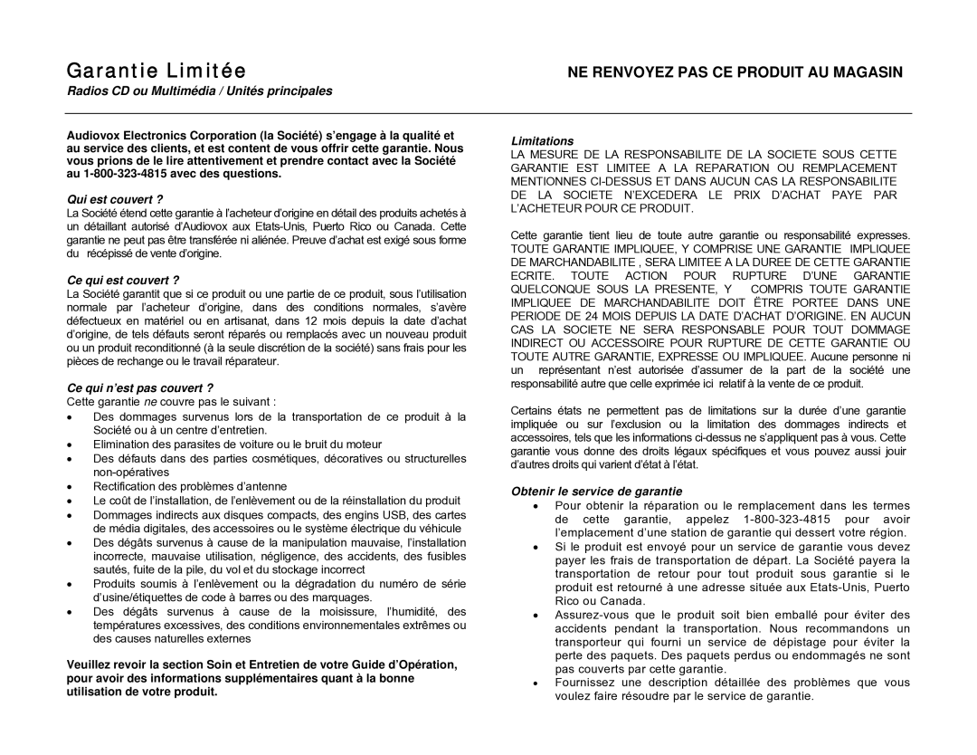 Jensen VM9413 operation manual Garantie Limitée, NE Renvoyez PAS CE Produit AU Magasin 