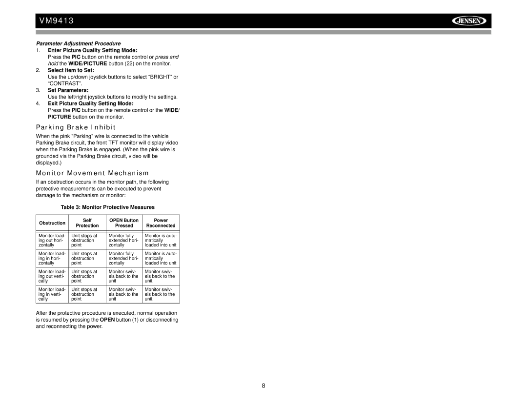 Jensen VM9413 operation manual Parking Brake Inhibit, Monitor Movement Mechanism, Parameter Adjustment Procedure 